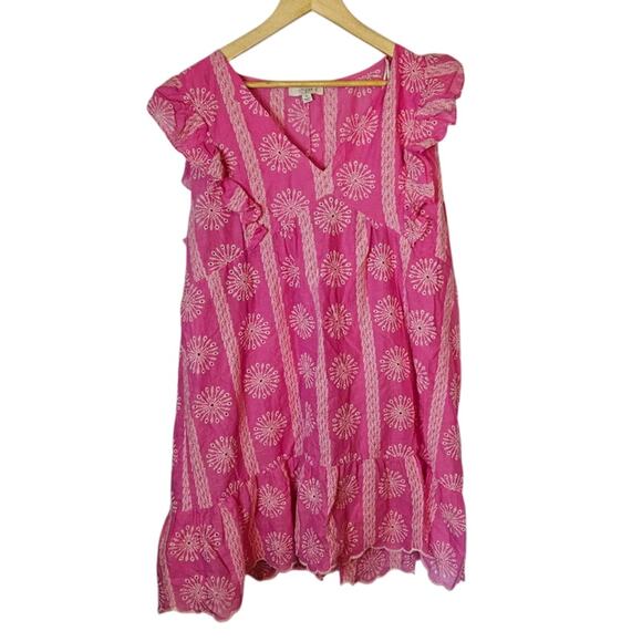 Umgee Embroidered Eyelet Pink and White Sundress Size XL Short Ruffled Sleeves - Picture 1 of 4